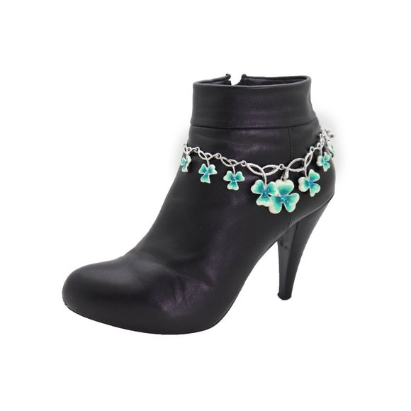 Women Silver Metal Chain Boot Bracelet Shoe Bright Baby Blue Clover Flower Charm - Picture 2 of 12